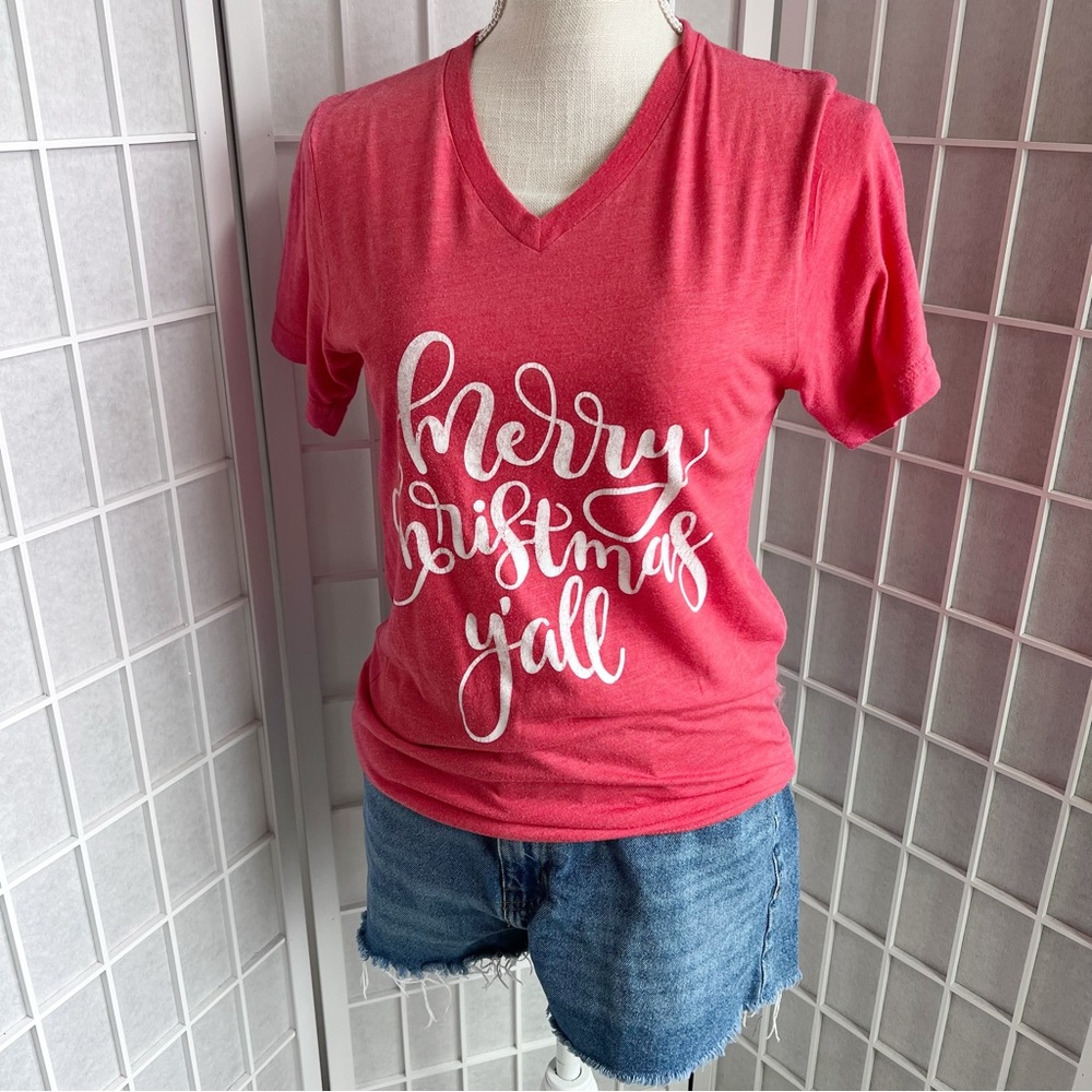 Bella Canvas Merry Christmas Y'all Graphic V-Neck Tee Small